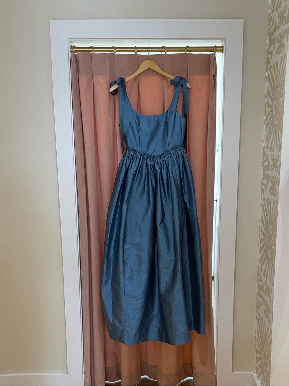 Blue Tie-Shoulder Midi Dress with Gathered Skirt